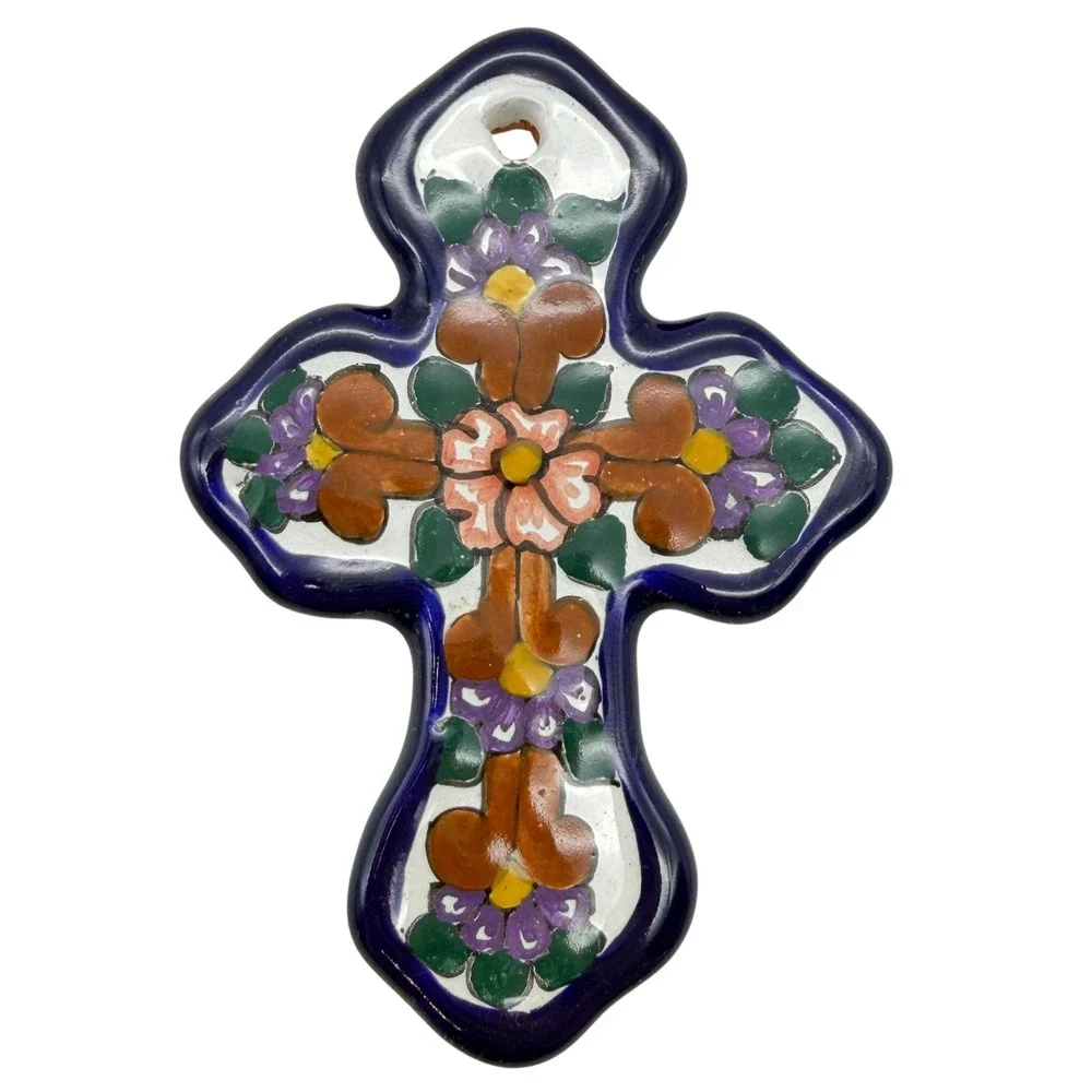Talavera Pottery Cross ornament Hand Painted Floral Ceramic Jamir Puebla Mexico